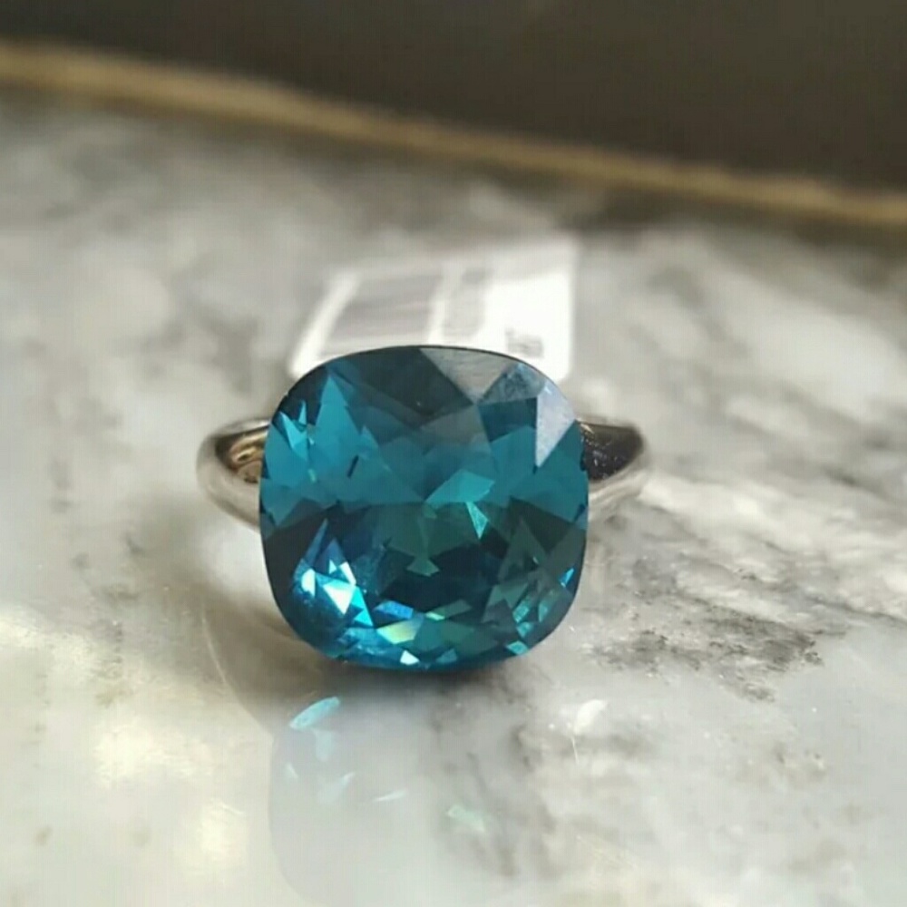 Cushion Blue Zircon Ring Fancy Cut